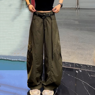休闲裤 薄款 Ader军绿色工装 女2025夏季 时尚 百搭高腰宽松阔腿弯刀裤