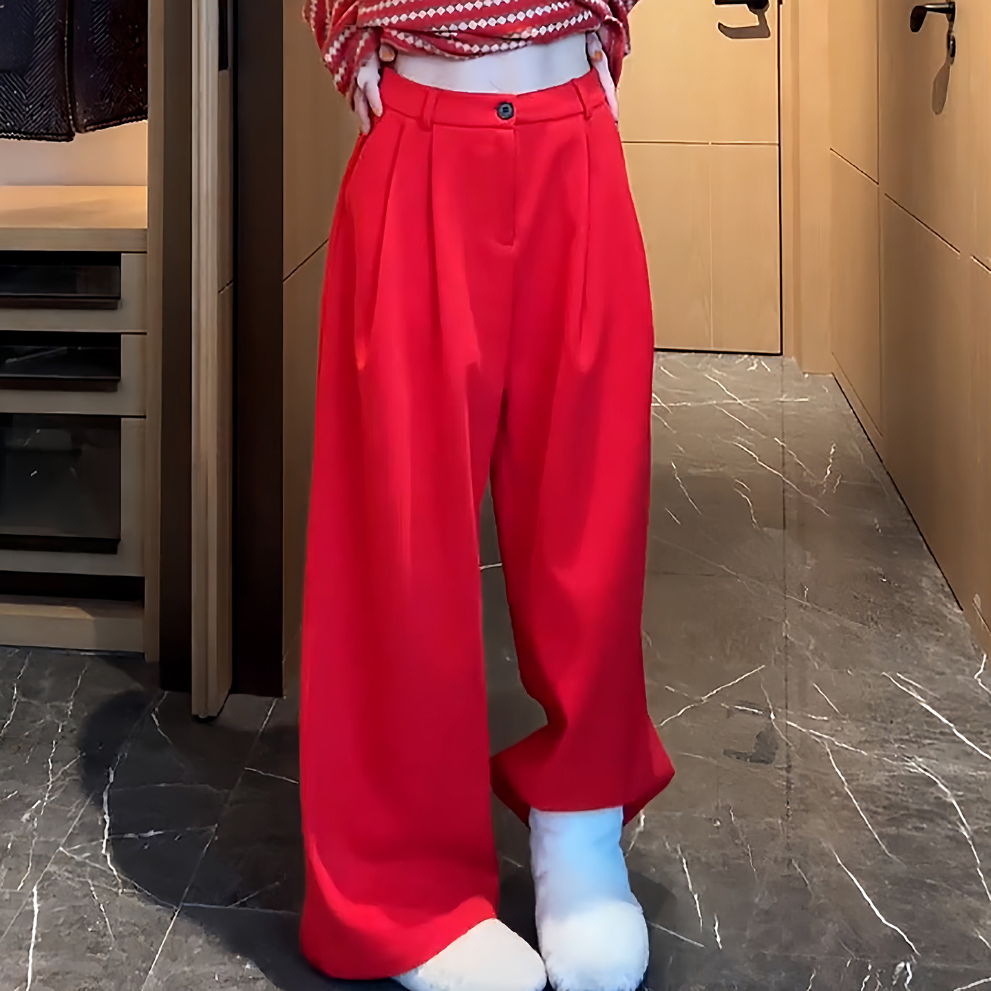 Ader韩系慵懒风阔腿裤女2026春季新款红色高腰宽松垂感休闲拖地裤,女装/女士精品,大码裤装,淘宝优惠券,粉丝福利购,淘宝优惠卷