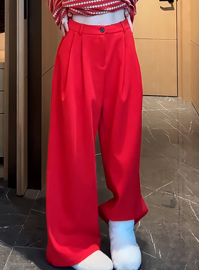 Ader韩系慵懒风阔腿裤女2026春季新款红色高腰宽松垂感休闲拖地裤