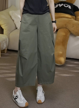 Ader军绿色褶皱九分休闲裤女2025年夏季新款宽松百搭显瘦直筒裤子