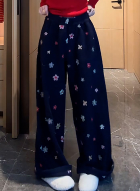 Ader藏蓝色复古小花刺绣休闲裤女2026春季新款宽松阔腿百搭直筒裤