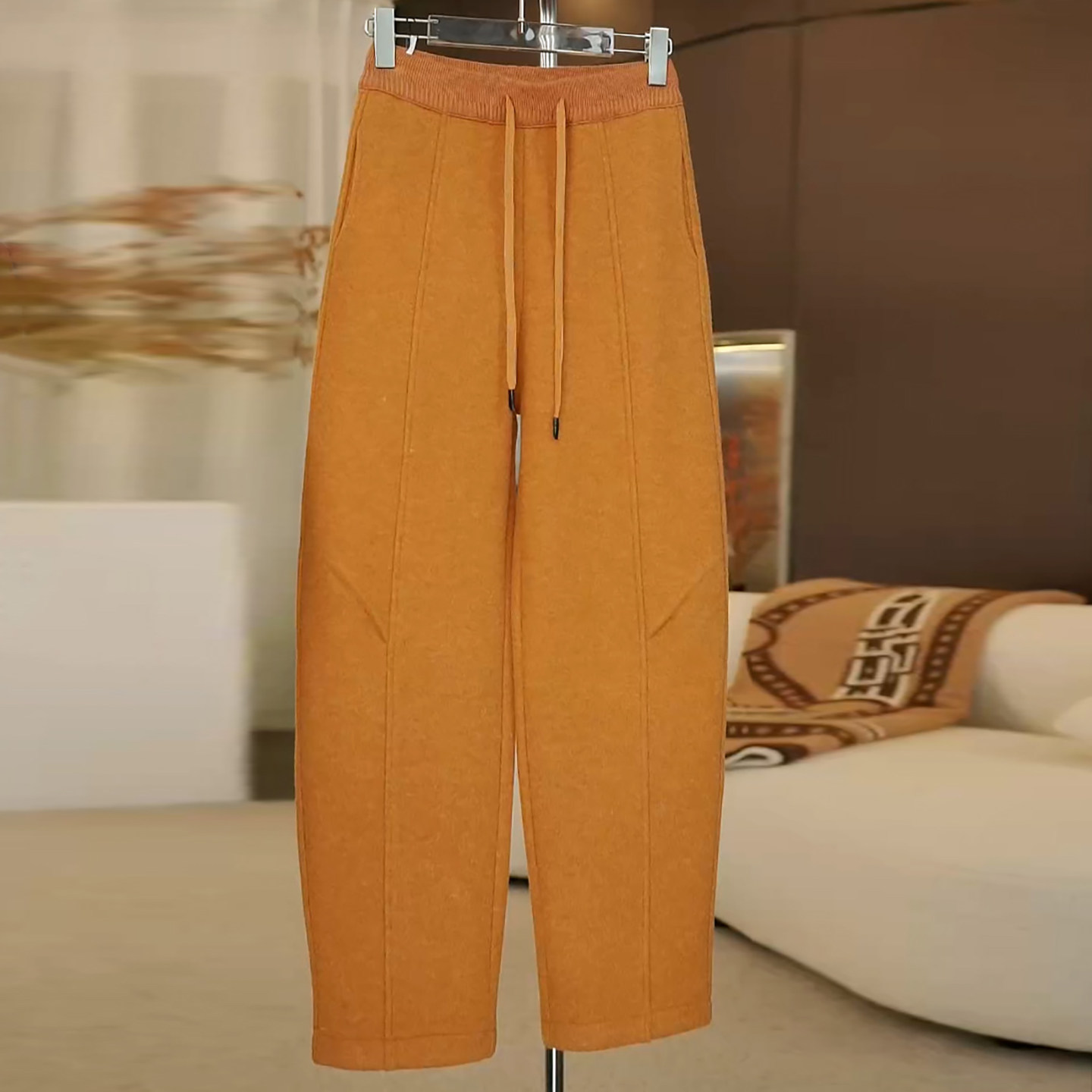 桔黄色加厚保暖羊毛休闲弯刀裤
