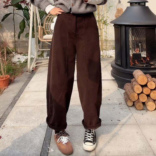 咖色灯芯绒九分保暖加绒弯刀裤