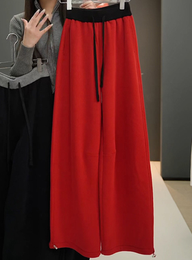 Ader红色加绒弯刀卫裤女2025秋冬新款时尚拼接腰头宽松阔腿休闲裤