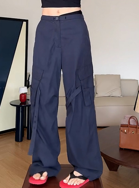 Ader藏蓝色美式复古工装裤女2025夏季薄款宽松大口袋阔腿休闲裤潮