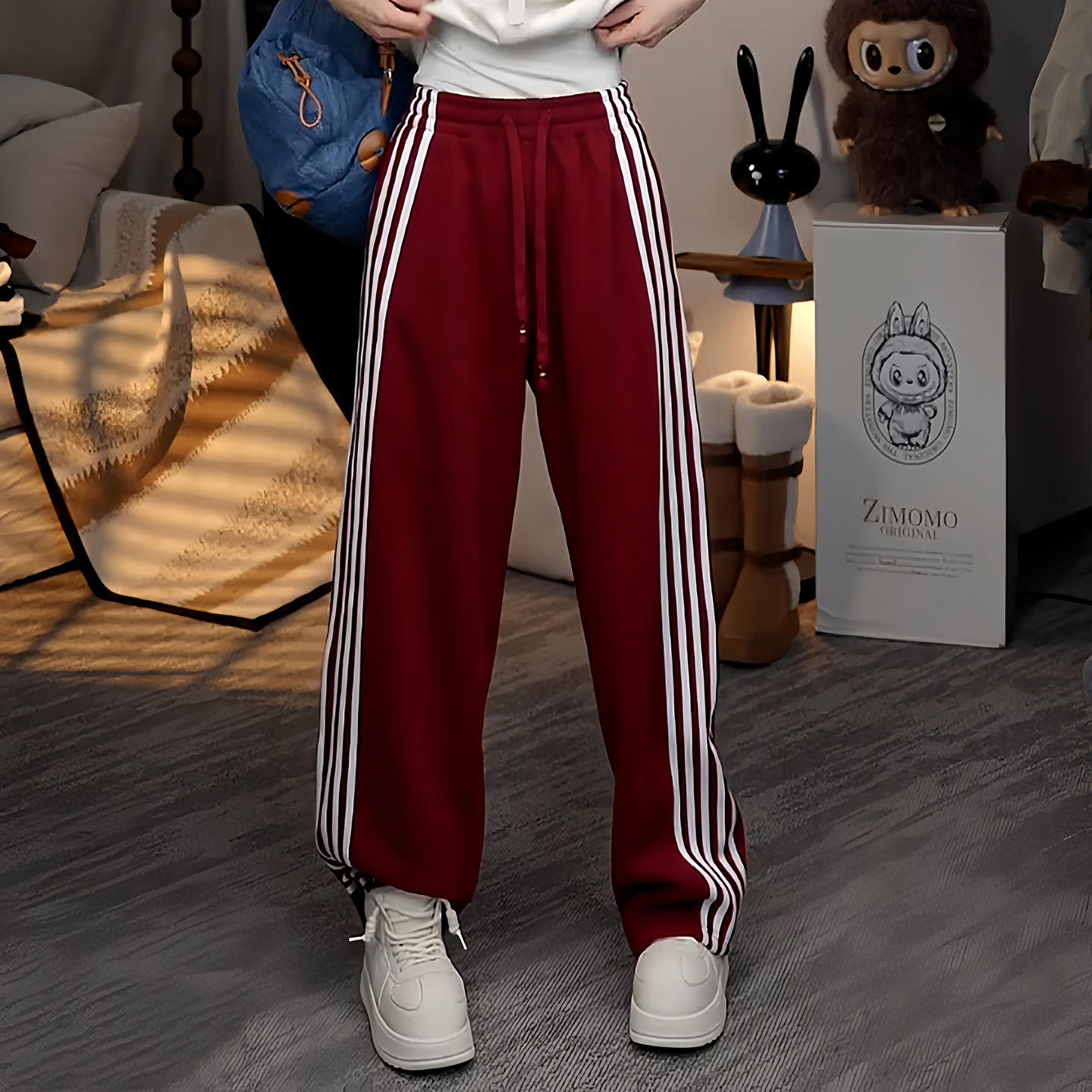 宽松阔腿三条杠加绒运动休闲卫裤
