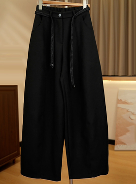 Ader黑色阔腿弯刀裤女2025秋冬新款时尚百搭高腰显瘦简约休闲裤潮