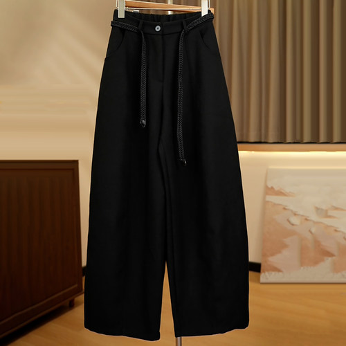 时尚百搭高腰显瘦黑色阔腿弯刀裤