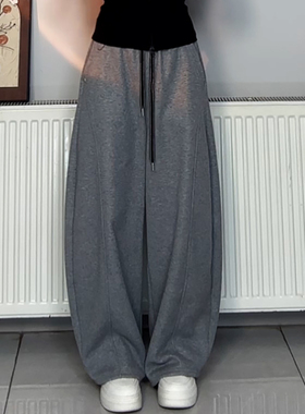 Ader灰色松紧腰抽绳加绒加厚阔腿弯刀裤女2025秋冬新款百搭休闲裤