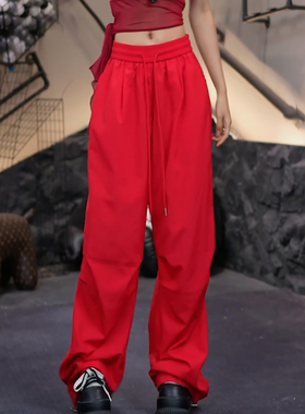 Ader休闲裤女2025夏季薄款红色松紧腰抽绳运动速干宽松直筒阔腿裤