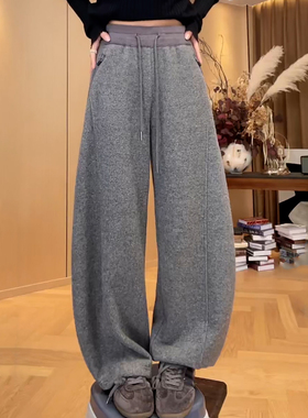 Ader浅灰色加绒弯刀裤女2025秋冬新款撞色腰头抽绳宽松阔腿休闲裤