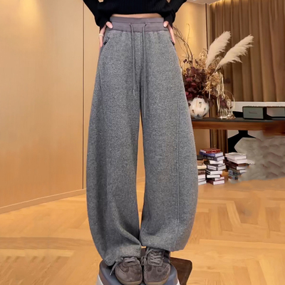 撞色腰头抽绳浅灰色加绒弯刀裤女