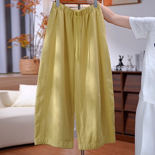 松紧腰抽绳阔腿垂感宽松裤 新款 女2026春季 Ader棉麻休闲九分弯刀裤