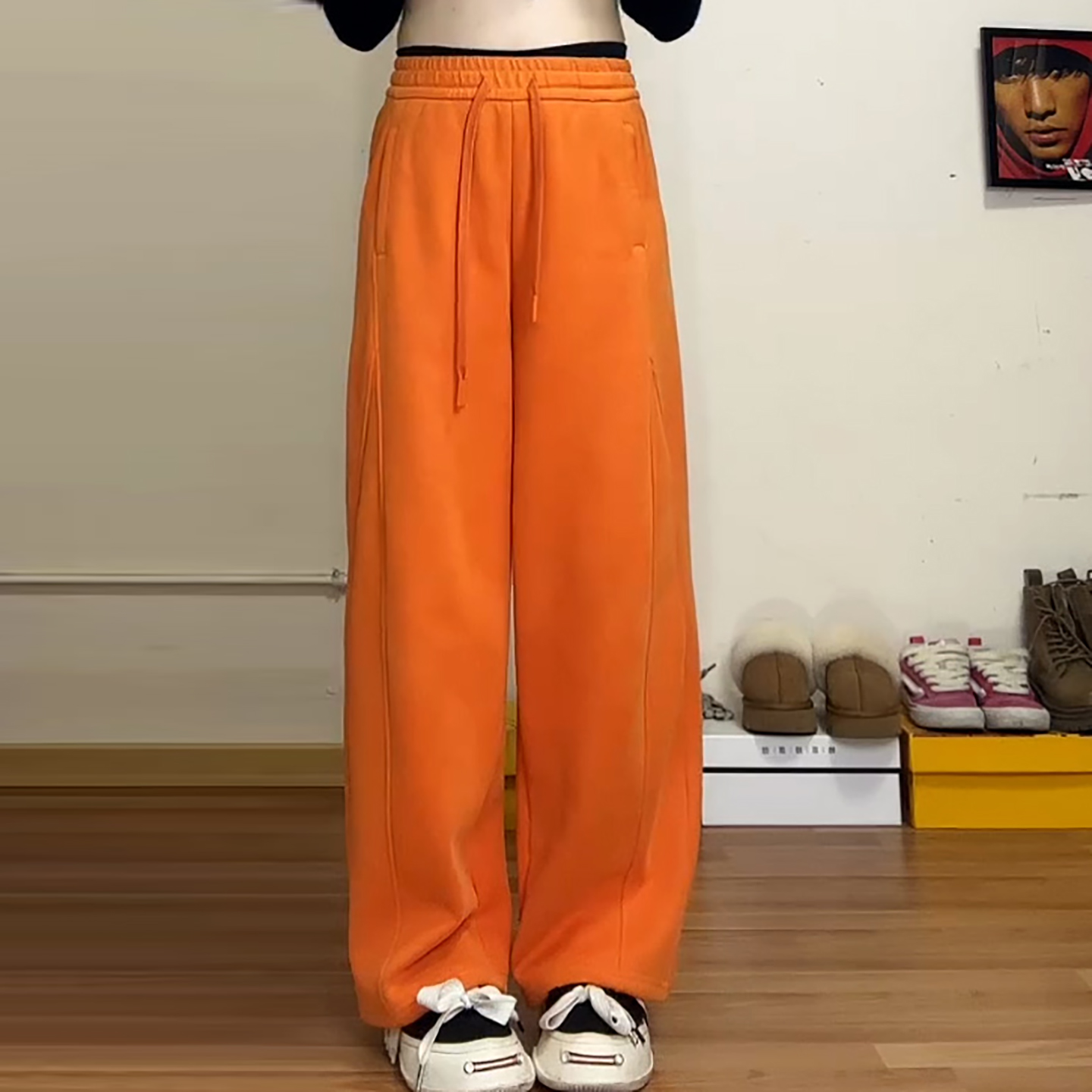 冬款加绒加厚小弯刀阔腿保暖卫裤