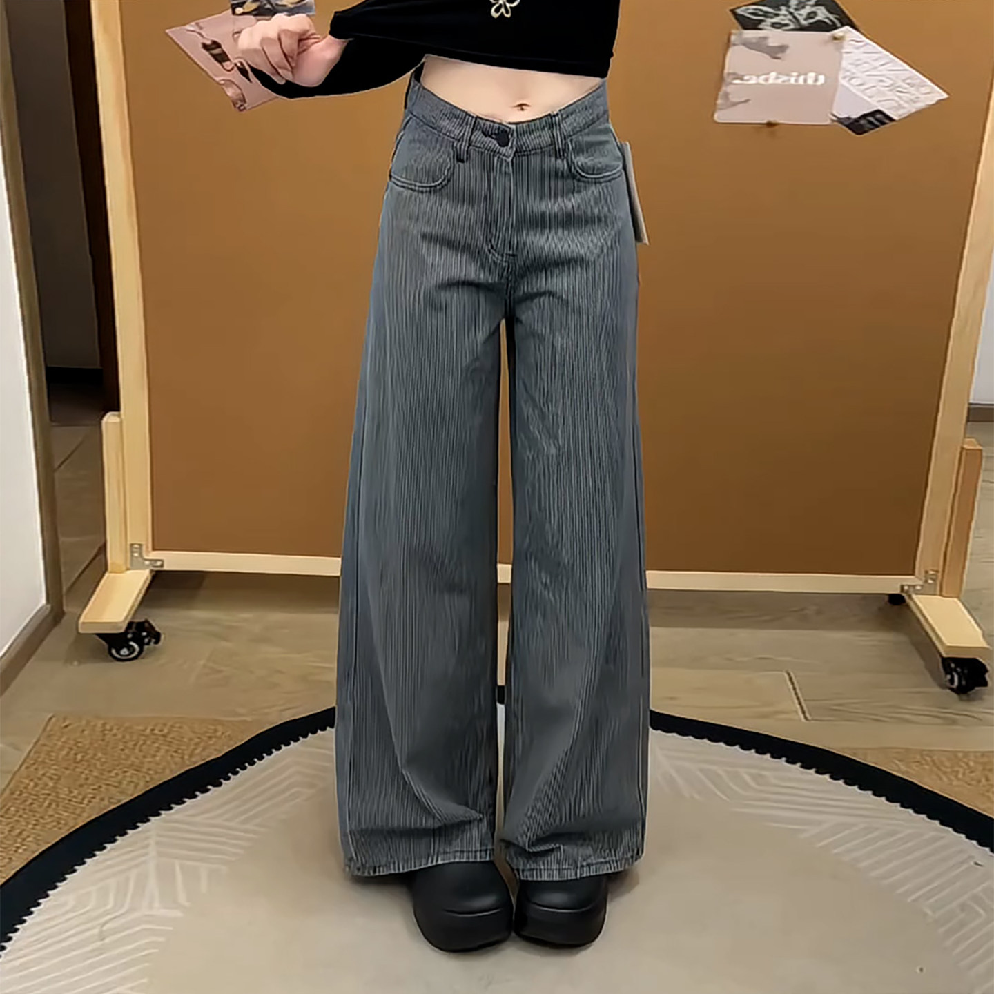 Ader简约高级感竖条纹牛仔裤女2026秋季新款高腰垂感显瘦阔腿潮裤