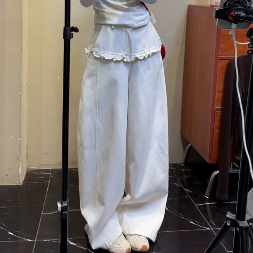 时尚设计立裁花边加绒阔腿弯刀裤