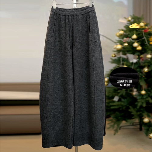 松紧腰抽绳加绒加厚阔腿弯刀裤