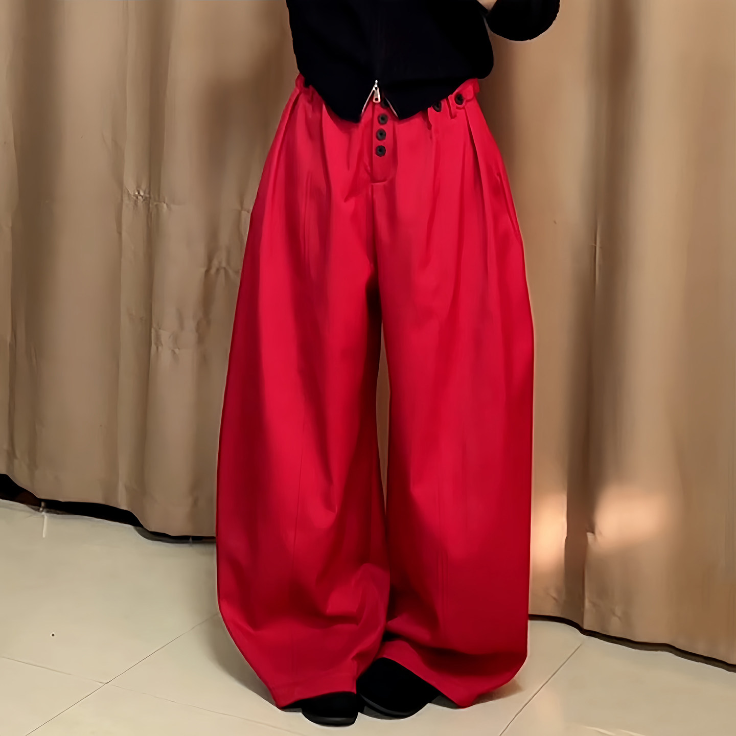 Ader阔腿裤女2026春季新款红色慵懒风宽松遮胯简约休闲弯刀拖地裤,女装/女士精品,大码裤装,淘宝优惠券,粉丝福利购,淘宝优惠卷