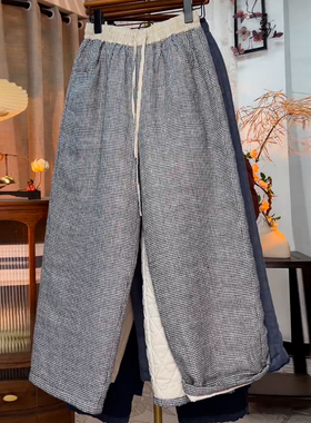 Ader冬季保暖加厚夹棉阔腿裤女2025新款拼接腰头抽绳格纹直筒棉裤