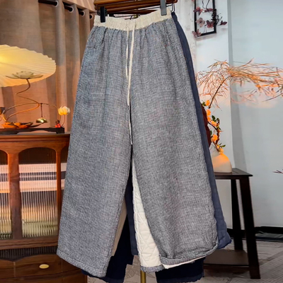 冬季保暖加厚夹棉格纹直筒阔腿裤