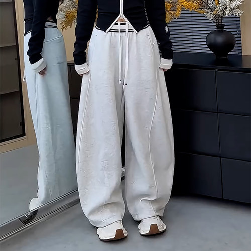 慵懒松弛感高腰抽绳百搭阔腿卫裤