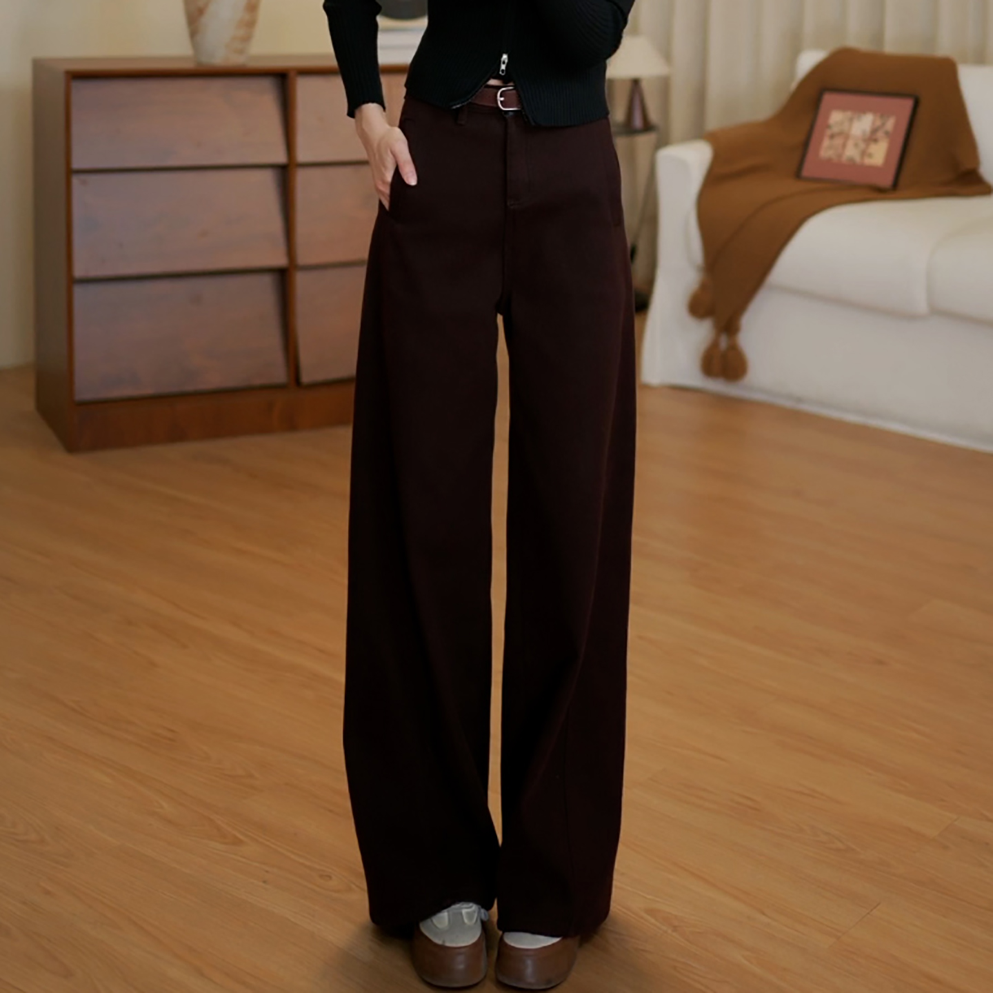 美式复古深咖色加绒牛仔直筒裤