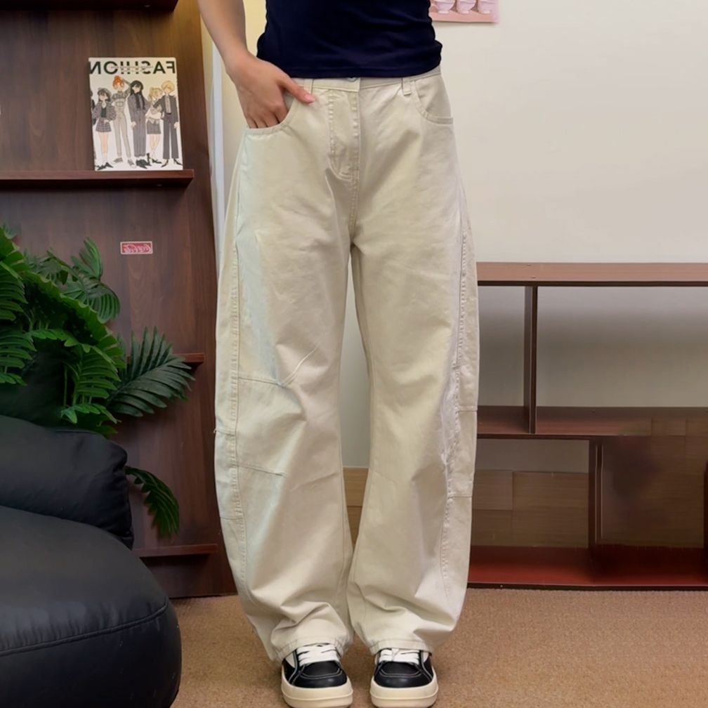 美式复古高腰宽松显瘦弯刀休闲裤