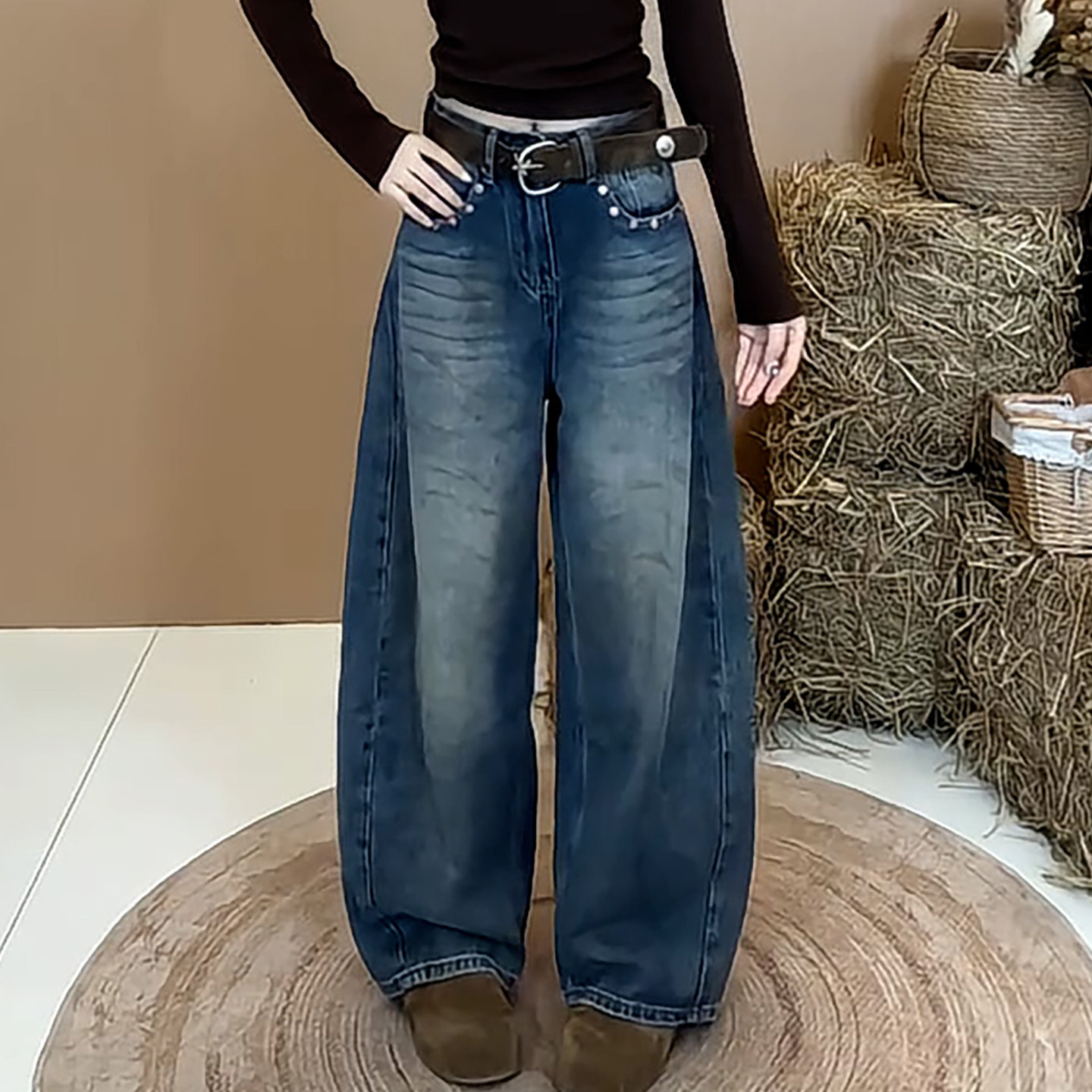 Ader潮流百搭做旧水洗牛仔裤女2026秋季新款个性时髦显瘦阔腿裤子