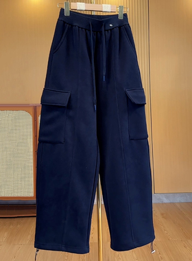 Ader藏青色加绒加厚阔腿工装裤女2025冬季新款时尚百搭潮流休闲裤