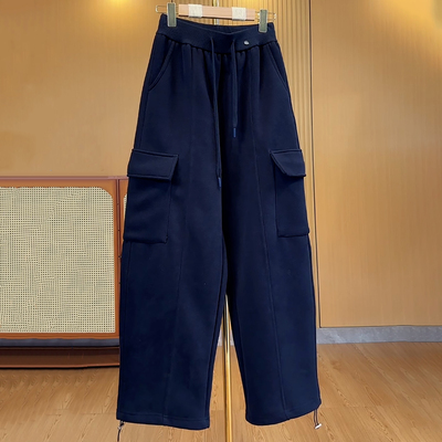 藏青色加绒加厚百搭阔腿工装裤女
