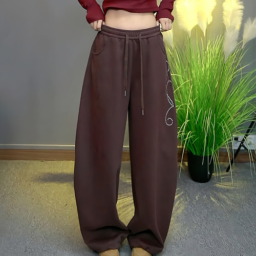 松紧腰抽绳百搭刺绣运动阔腿卫裤