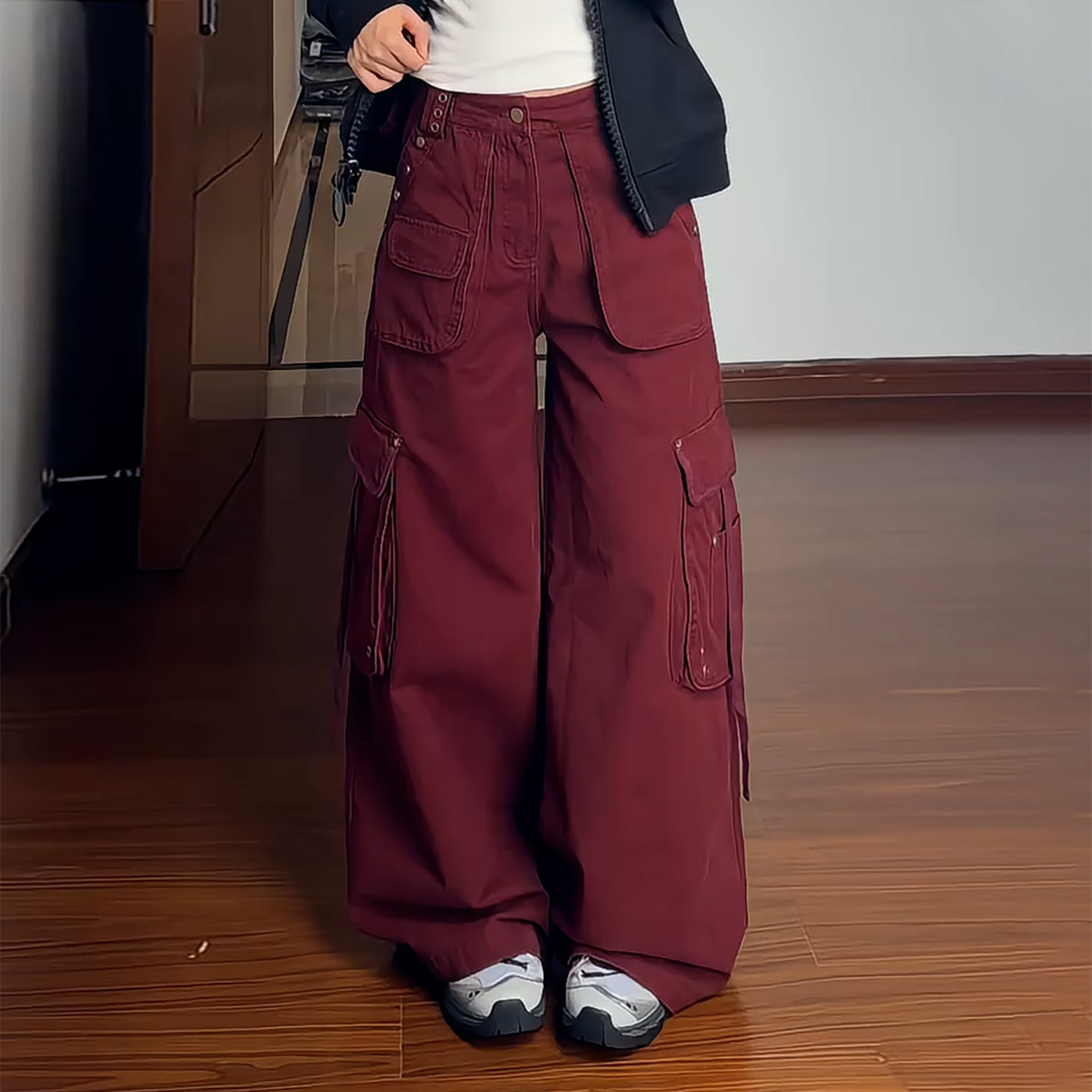 Ader酒红个性高腰阔腿工装裤女2026秋季新款时髦松弛美式拖地潮裤