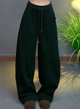 Ader黑色加绒加厚运动休闲卫裤女2025冬季新款百搭显瘦阔腿弯刀裤