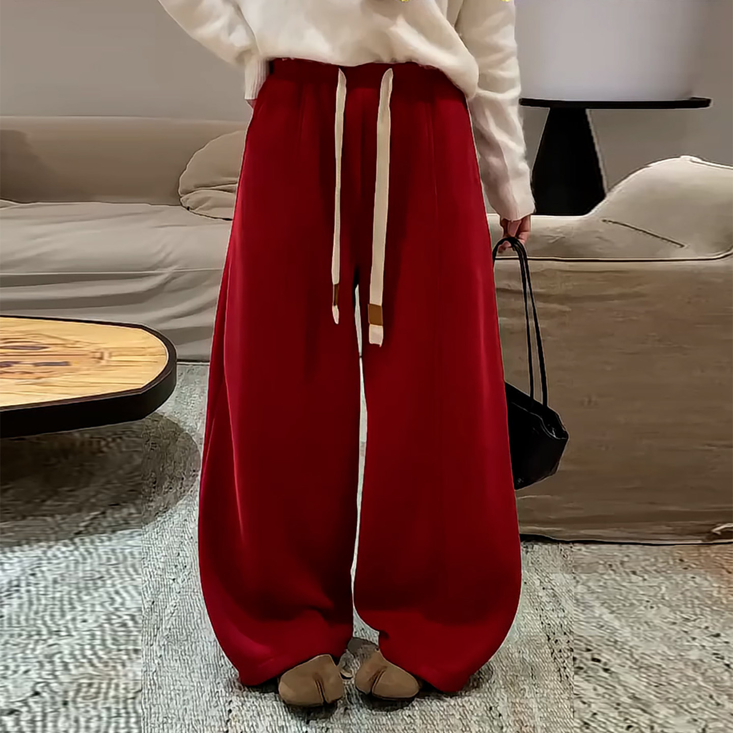 Ader红色慵懒风弯刀休闲长裤女2026秋冬新款洋气时髦舒适阔腿卫裤