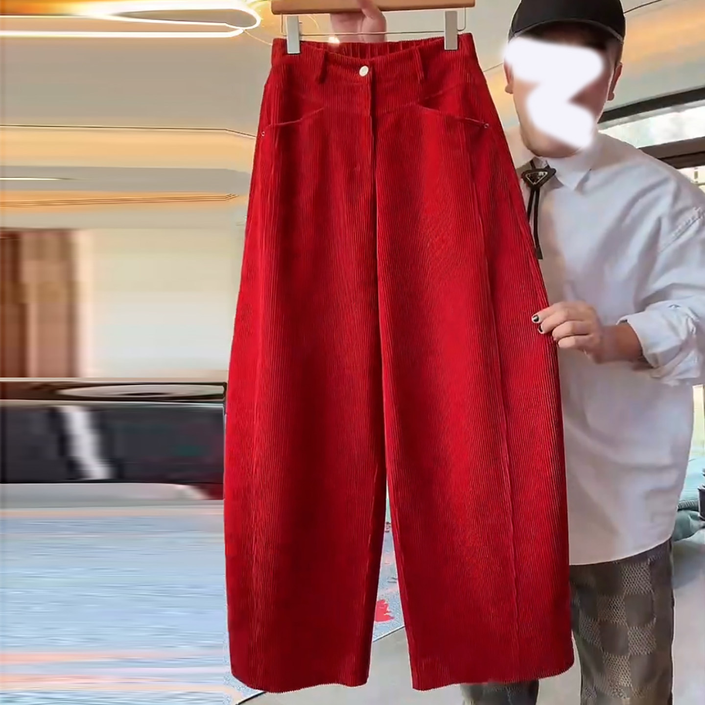 Ader灯芯绒休闲裤女2026春季新款红色时尚高腰窄版宽松阔腿弯刀裤,女装/女士精品,大码裤装,淘宝优惠券,粉丝福利购,淘宝优惠卷