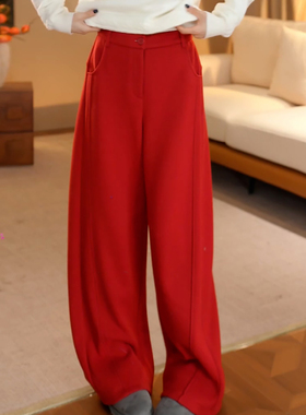 Ader红色加绒加厚休闲裤女2025冬季新款高腰舒适保暖阔腿弯刀裤潮