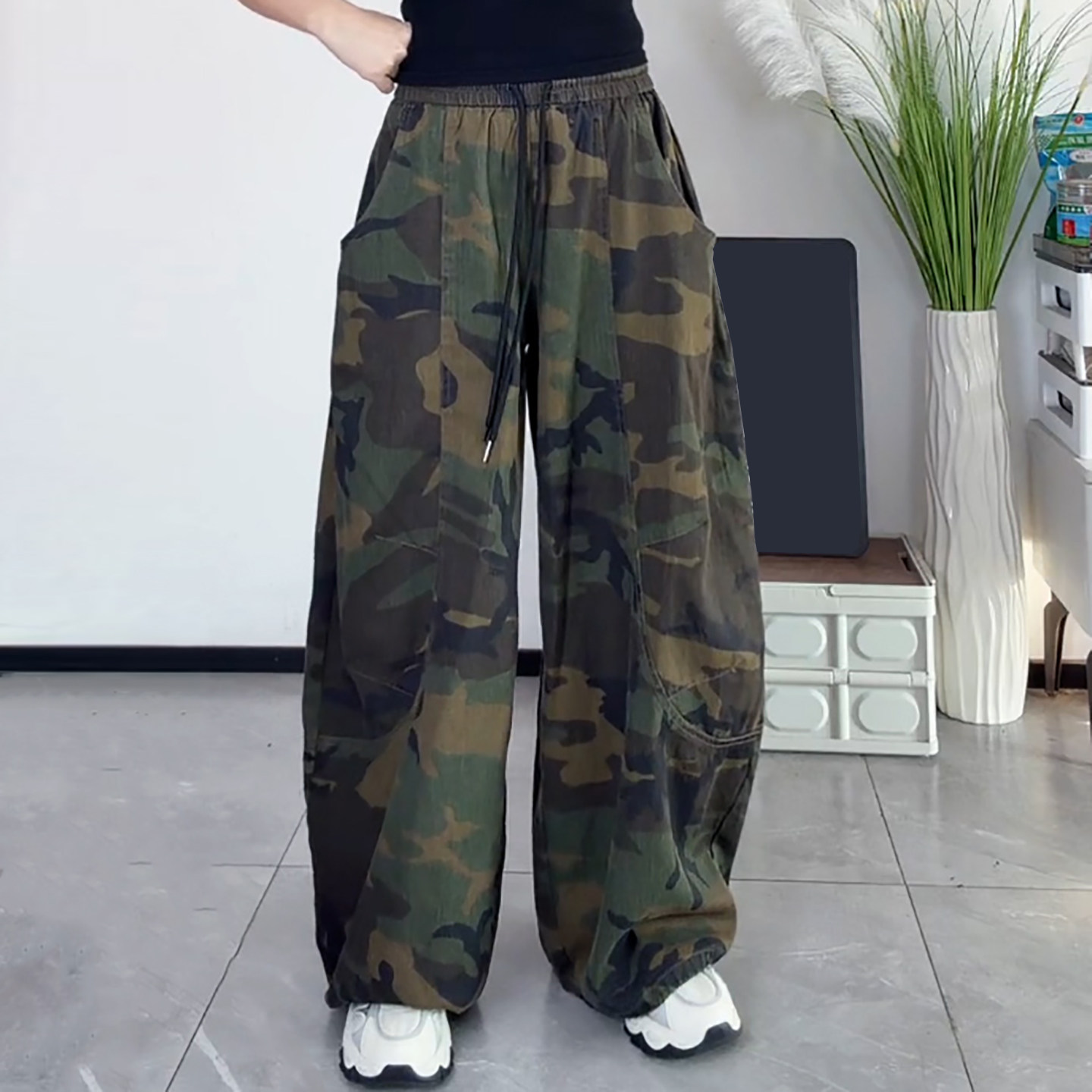 Ader美式复古迷彩阔腿裤女2026春季新款松紧腰抽绳百搭休闲弯刀裤,女装/女士精品,大码裤装,淘宝优惠券,粉丝福利购,淘宝优惠卷