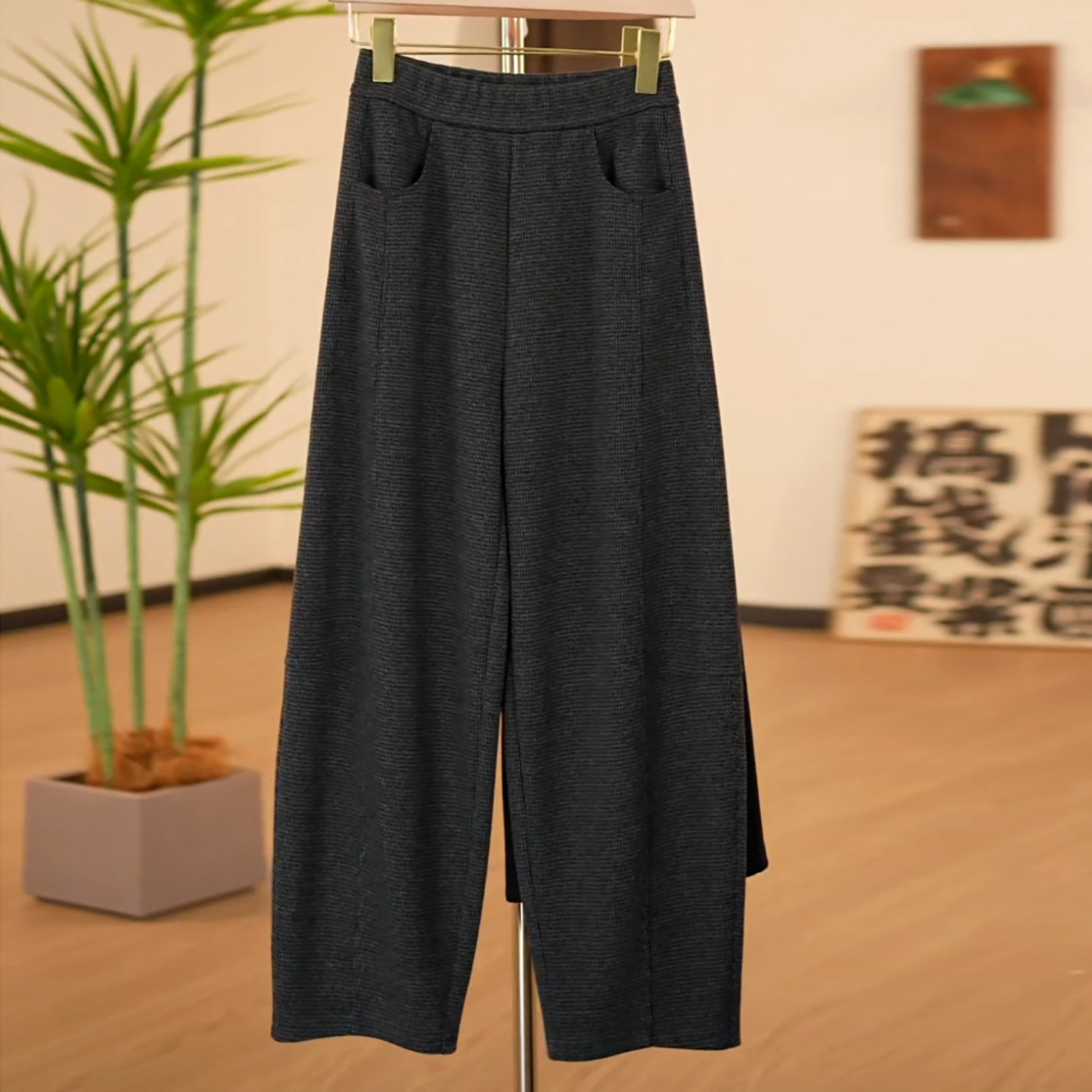 Ader醋酸羊毛千鸟格加厚休闲裤女2025冬季新款百搭简约阔腿弯刀裤,女装/女士精品,大码裤装,淘宝优惠券,粉丝福利购,淘宝优惠卷