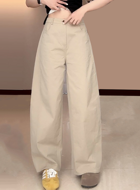Ader卡其色弯刀休闲裤女2026春季新款时尚百搭高腰显瘦直筒阔腿裤