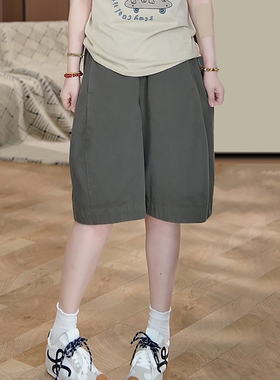 Ader灰绿色五分花苞裤女2025年夏季新款时尚百搭高腰宽松休闲短裤