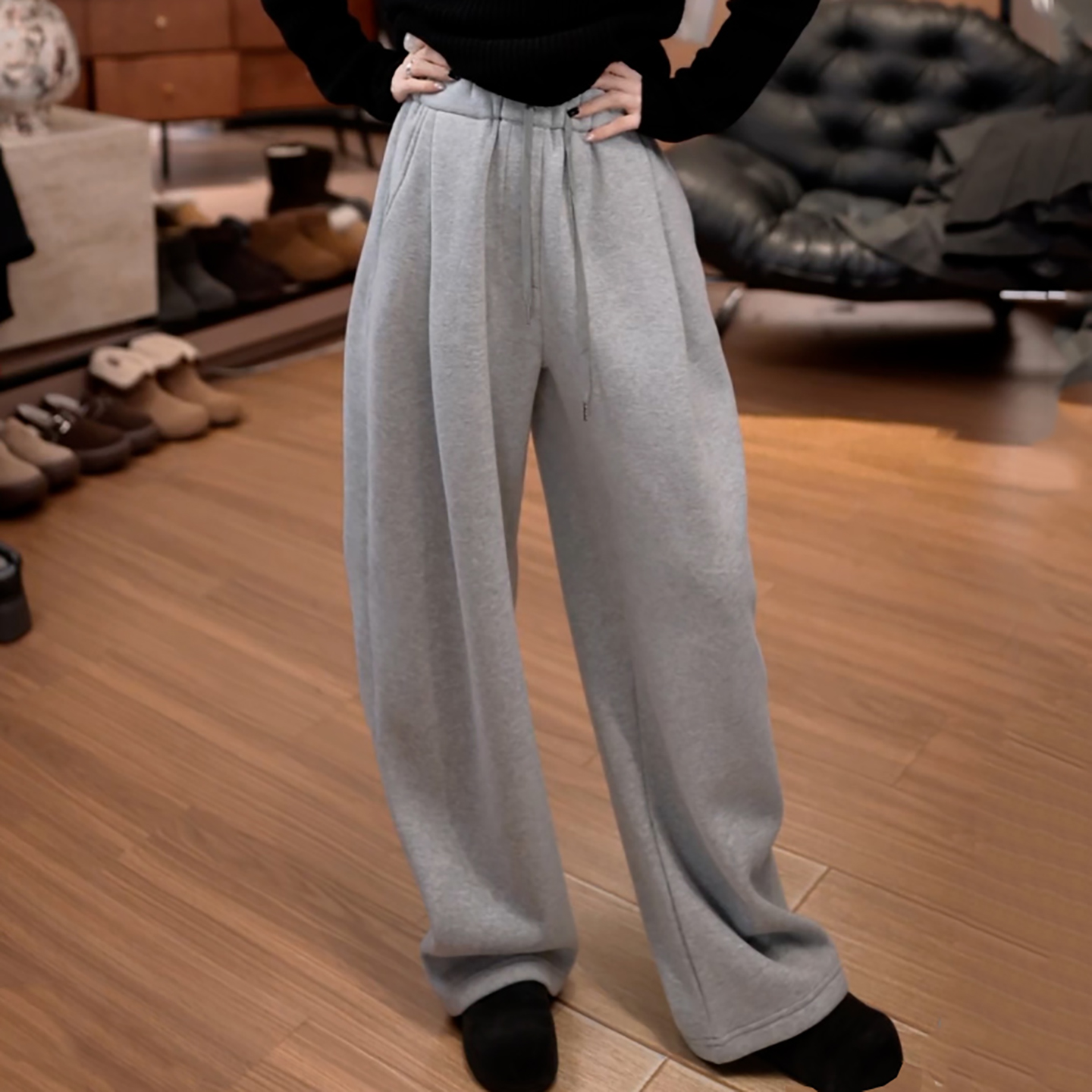 松紧腰抽绳加绒加厚阔腿休闲卫裤