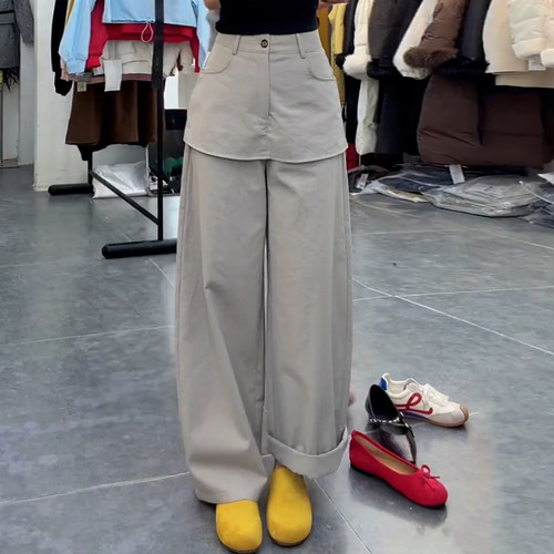 韩版假两件百搭显瘦直筒休闲裤