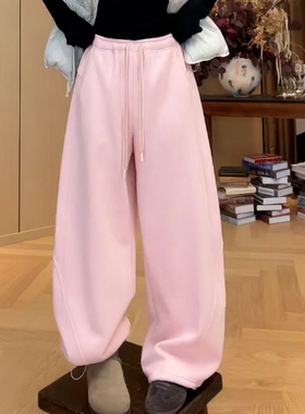 Ader粉色运动休闲加绒卫裤女2025秋冬新款时尚减龄阔腿束脚弯刀裤
