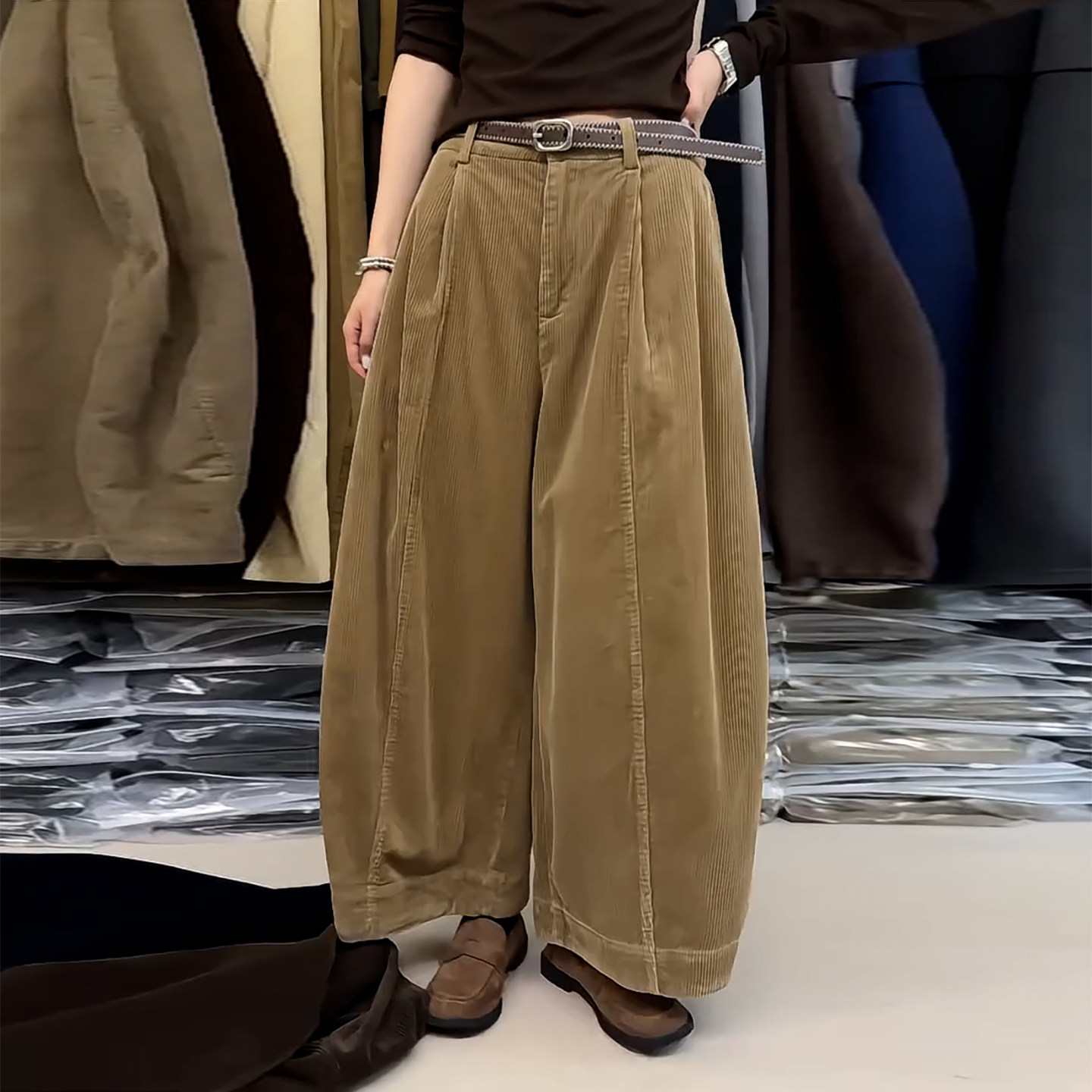 Ader卡其色复古松弛九分裤女2026秋冬新款宽松垂感高腰显瘦阔腿裤