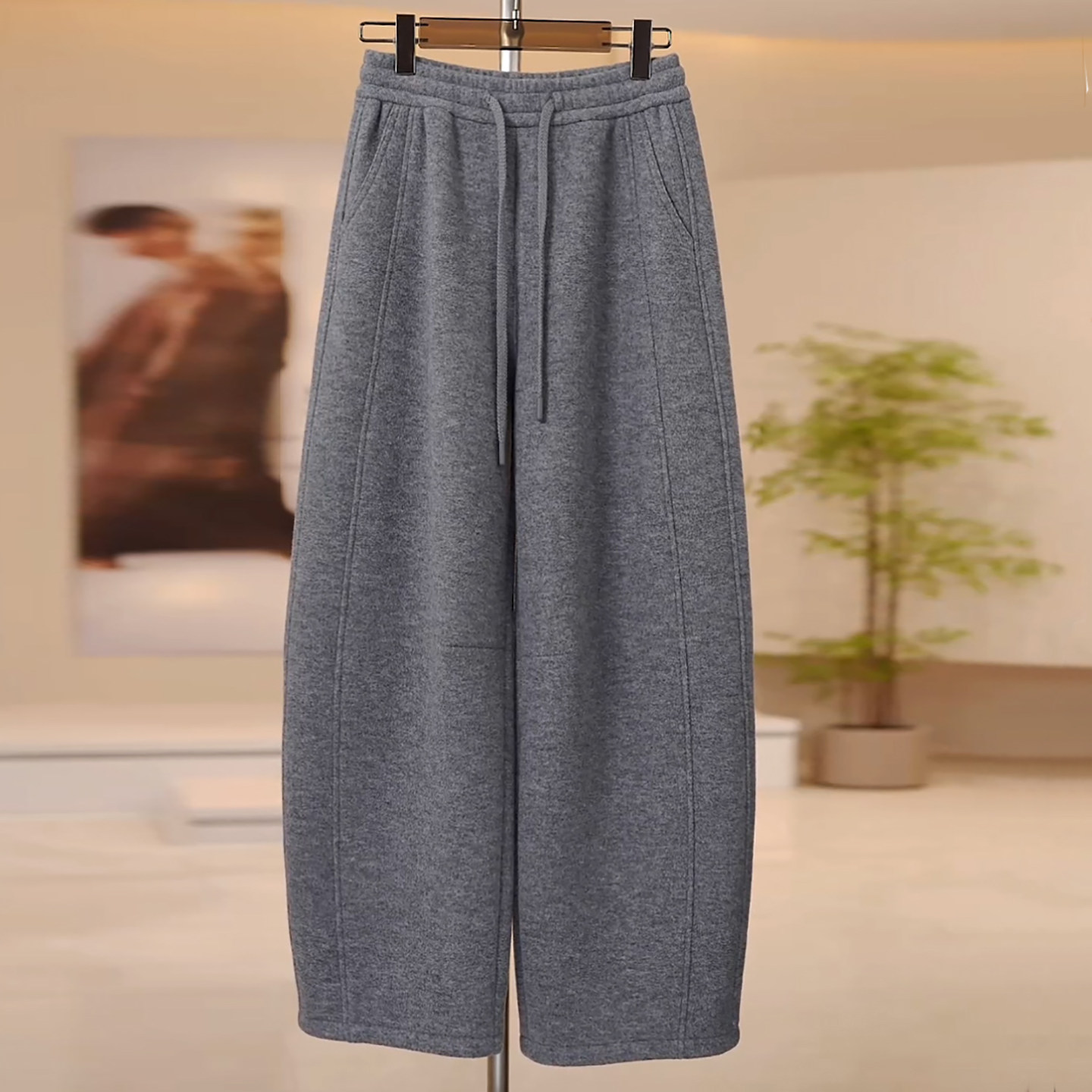 松紧腰抽绳加绒加厚毛呢弯刀裤