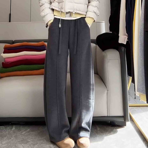 深灰色加绒加厚毛呢阔腿弯刀裤