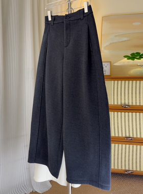 Ader黑灰色捏褶呢料阔腿弯刀裤女2025冬季新款加绒百搭显瘦休闲裤