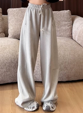 Ader灰色运动抽绳休闲裤女2025秋季新款时尚百搭高腰显瘦阔腿长裤