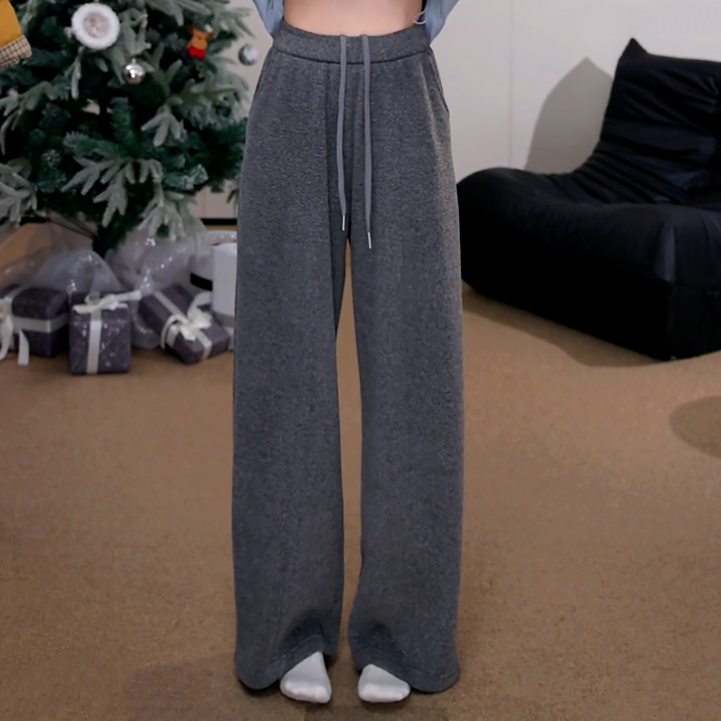 Ader灰色松紧腰抽绳加绒直筒裤女2025冬季新款宽松阔腿垂感休闲裤,女装/女士精品,大码裤装,淘宝优惠券,粉丝福利购,淘宝优惠卷