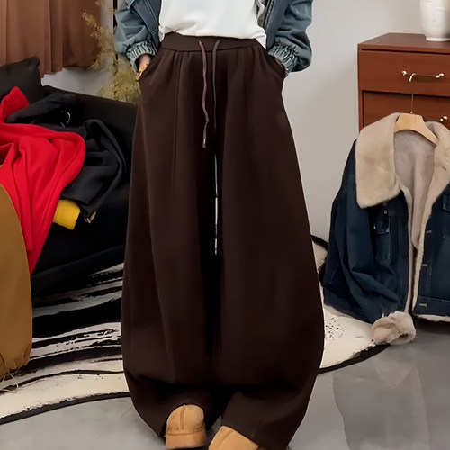 松紧腰抽绳运动阔腿加绒弯刀卫裤